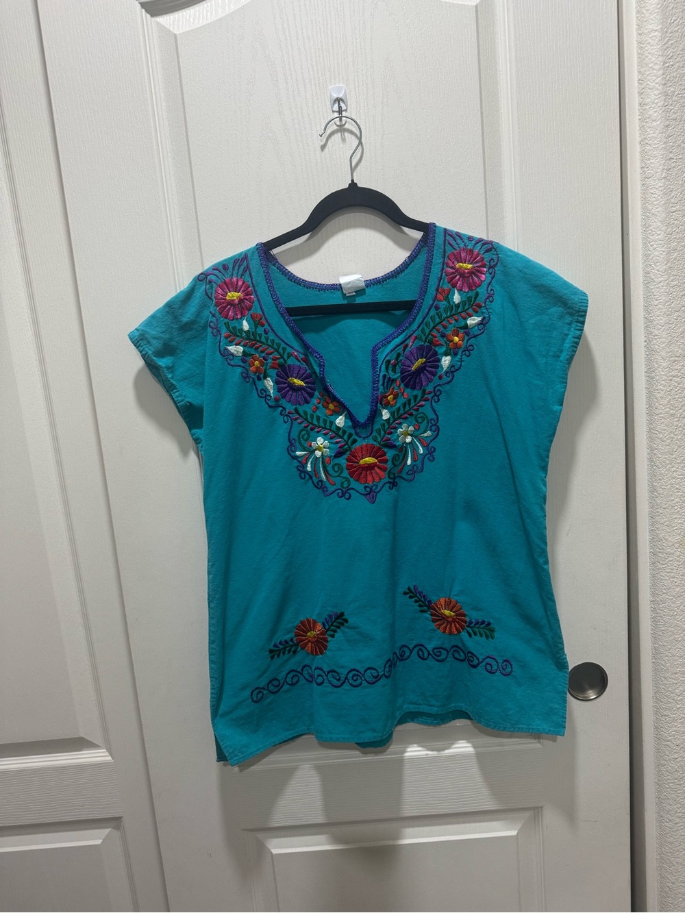 EMISA Mexican Embroidered Floral Turquoise Blouse Size M Boho